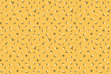 Trendy seamless vector floral pattern. Endless print made of small white flowers. Summer and spring motifs. Pale yellow background. Stock vector illustration.