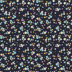 Cute floral pattern in the small colorful flowers. Seamless vector texture. Elegant template for fashion prints. Printing with small abstract flowers. Dark blue background.
