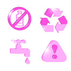 Set of environmental icons. Circular arrow, No plastic bottle, water tap dripping with water drop, Exclamation mark of warning attention icon. 3d vector illustration.