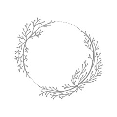 Fototapeta na wymiar Hand drawn vector round frame wedding. Floral wreath with leaves, branches Decorative elements for design. Ink, vintage and rustic styles