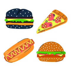 Hand drawn burger, hot dog, pizza. Fast food concept. Flat illustration.