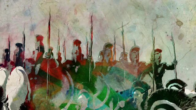 Spartan Warriors Armed with Spears and Shields Grunge Style