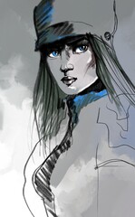 Digital hand drawn portrait of woman character in uniform with cap and stand collar in blue gray hues. Cold elegant attractive lady with long fluttering dark hair, deep sight and dramatic expression.