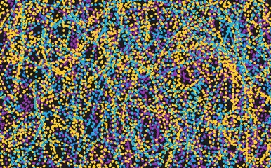 Dynamic vivid colorful texture or pattern drawn digitally by stylus with yellow, blue, violet dot lines. Bright carpet or canvas. Great as print, wall art, fabric decoration, cover or backdrop.  
