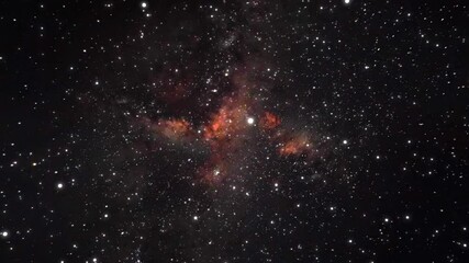 Camera flying through the clouds and star field in outer space. Animation of flying through glowing nebulae and stars. . High quality 4k footage