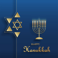 Happy Hanukkah card with nice and creative symbols and gold paper cut style on color background for Hanukkah Jewish holiday (translation : happy Hanukkah day, Hag HaHanukka)