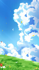 Plakat cloud grass field flowers anime landscape handdrawn