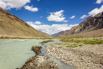 Beautiful panoramic landscape of the mountains of the Zanskar range around the village of Kargyak on the Darcha to Padum trekking trail in the Indian Himalaya.