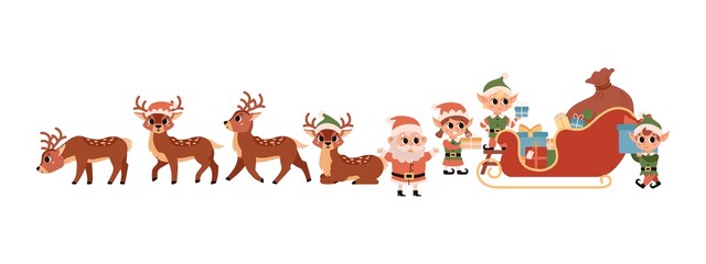 Christmas elves load gifts into Santa's magic sleigh. Santa Claus helper. Cute vector character. Festive elf, deers, Santa isolated on a white background.