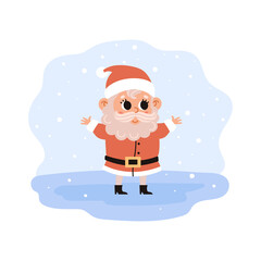 Happy Santa Claus. Cute vector character. Festive Santa at the snowy North Pole.