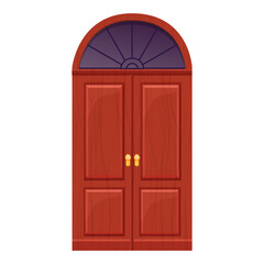 Arch wooden door, front entrance with window, textured in cartoon style isolate on white background. Ui game asset, medieval decoration. Vector illustration