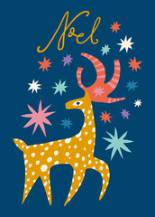 Minimalist scandinavian Christmas hand lettering postcard with deer in childish cartoon boho naive funky handdrawn style art vector 