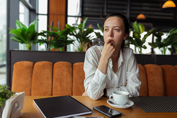Contemplating female entrepreneur wearing elegant style outfit thinking about new business ideas...