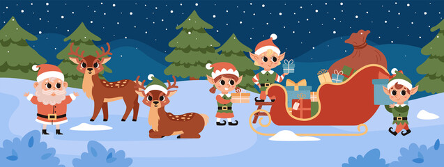 Christmas elves load gifts into Santa's magic sleigh. Santa Claus helper. Cute vector character. Festive elf, deers, Santa at night in the forest at the North Pole.