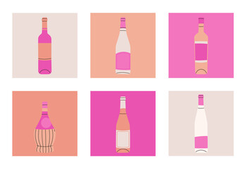Set of vector flat bottles of wine. Labels without titles. Illustration for bar or restaurant menu design. White, peach, pink.