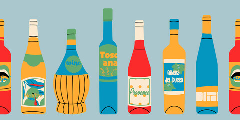 Vector seamless border with wine bottles. Repeating elements for prints. Ideal for bar or restaurant menu design.