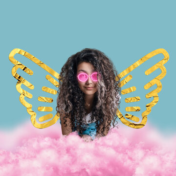 A girl with foil angel wings and glowing neon glasses is surrounded by pink clouds. Funny collage for banner.