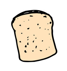 slice of toast, an icon of a rectangular slice of yellow bread drawn in the style of a doodle with textured dots for a bakery design template and bread packaging and labels with a drawing of a slice o