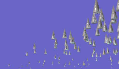 Modern futuristic abstract background, flow of crystal cones on purple layout. 3d render illustration with copy space