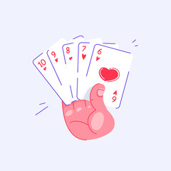 Hand holding playing cards. Straight flush in hearts in poker. Pastime with friends. Family table leisure games. Sports and recreation. Isolated background.