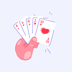 Hand holding playing cards. Royal flush in hearts in poker. Pastime with friends. Family table leisure games. Sports and recreation. Isolated background.