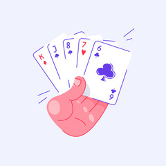 Hand holding playing cards. High card in poker. Pastime with friends. Family table leisure games. Sports and recreation. Isolated background.