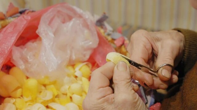 Close-up of cutting silk cocoons for traditional embroidery.
