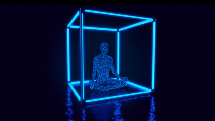 3d illustration meditation in a glowing cube - obrazy, fototapety, plakaty