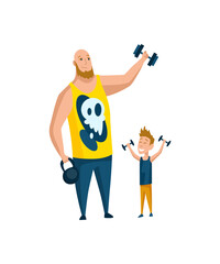 Father spend time with son. Dad goes in for sports with son, happy family concept. Fatherhood flat cartoon  illustration. Outdoor activity