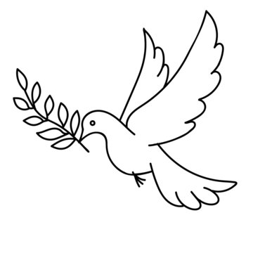 Hand-drawn black vector illustration of one dove with a branch is flying on a white background