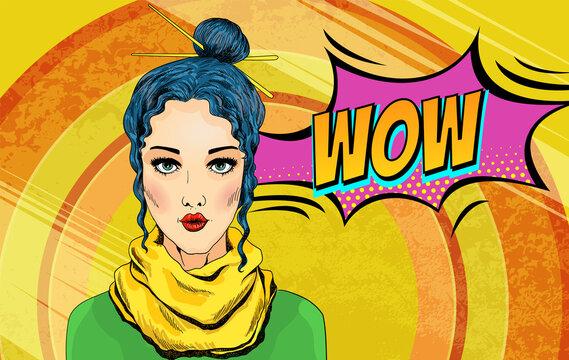 Pop art  girl. Surprised woman, beautiful face with red lips and dotted background. Comic speech bubble wow