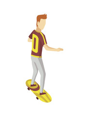 Visitor of isometric skatepark. Young man riding on skateboard. Modern youth leisure. Recreation playground  illustration