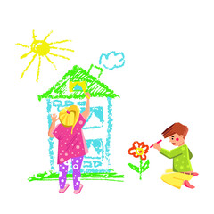Obraz na płótnie Canvas Boy And Girl Children Drawing With Crayon Vector. Schoolboy And Schoolgirl Draw Picture House, Sun And Flower On Wall With Multicolor Crayon. Characters Kids Painting Flat Cartoon Illustration