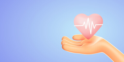 Health, medicine and charity concept - closeup of hand holding pink heart with ecg line.