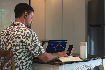 A man trader sits at a table with a laptop and smartphone and analyzes exchange chart on the screen