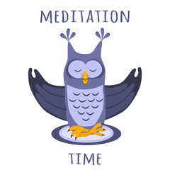 Serious owl sits in a meditation pose. Meditation time. Cartoon vector illustration, design for print, sticker and postcard. Isolated on white background. Hand-drawing