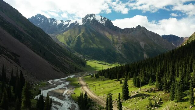 Aerial view of beautiful mountain landscape in Kyrgyzstan. Barskoon gorge