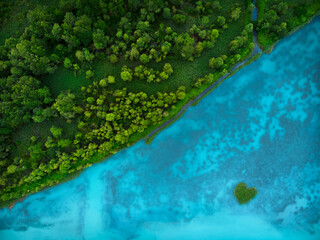 Aerial View of Island with Blue water, Green Trees in Forest, Blue River