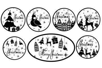 Vector set of christmas icon in round frame with text Merry Christmas and deer, tree, fir, gift box, house, bird on white background. Simple template for christmas card