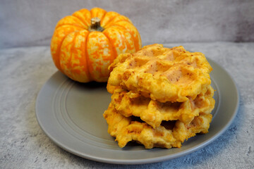 three Belgian gluten-free and lactose-free pumpkin waffles are lying on a gray plate next to a small pumpkin on a gray table background. side view