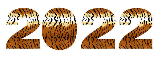 Banner of striped black and orange numbers 2022. Happy chinese new year 2022 of the tiger. Striped 2022. Festive New Year greeting card. Vector illustration isolated on white background.