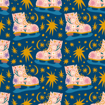Christmas doodle ice skates childish cartoon doodles boho naive funky handdrawn style art seamless pattern vector 