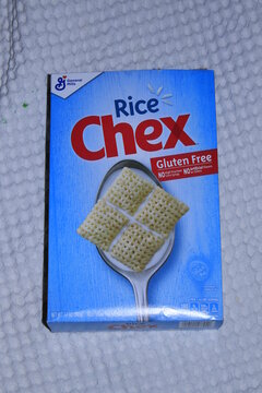 A Closeup Shot Of Rice Chex Breakfast Food In A Box That's Bright And Colorful In Hutchinson Kansas USA.