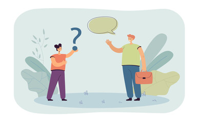 Cartoon daughter asking father about job. Man with briefcase waving at girl holding question mark flat vector illustration. Family, communication, career concept for banner or landing web page