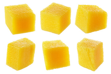 Mango cube slices isolated on white background, collection