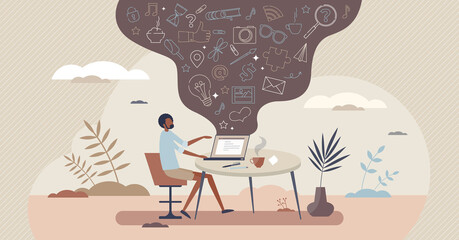 Blogging and creative content editor for online web blog tiny person concept. Writing messages, stories or posts for social media page vector illustration. Social writer and author for freelance job. - obrazy, fototapety, plakaty