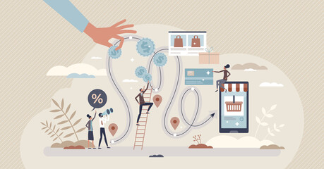 Customer journey research with client purchase process tiny person concept. Action steps with offer searching to shopping and paying stages vector illustration. Social behavior for marketing campaign.