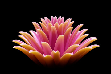 3d close-up illustration of delicate pink-peach peony or chrysanthemum flower blooming on black isolated background