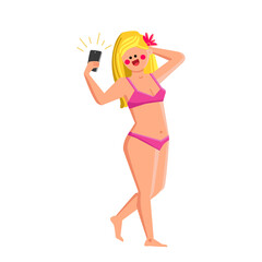 beach selfie young girl. summer sea beach selfie. vacation holiday. smile female. cute tourist. voyage lady travel. vector character flat cartoon Illustration