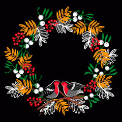 Obraz premium Floral wreath of botanical design elements with birds on black bacground.Red fruits and mistletoe with white berries. Abstract leaves in yellow and white colors.Isolated vector cartoon illustration.